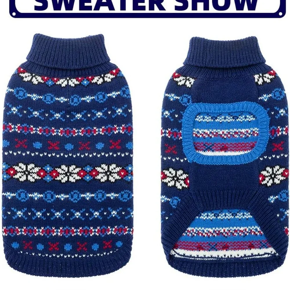 New! Medium Blue Cat Winter Sweater with Snowflake - Soft Turtleneck Knitted
